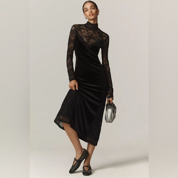 Anthropologie Long-Sleeve Mock-Neck Lace Velvet Slip Midi Dress Size XS - Picture 1 of 4